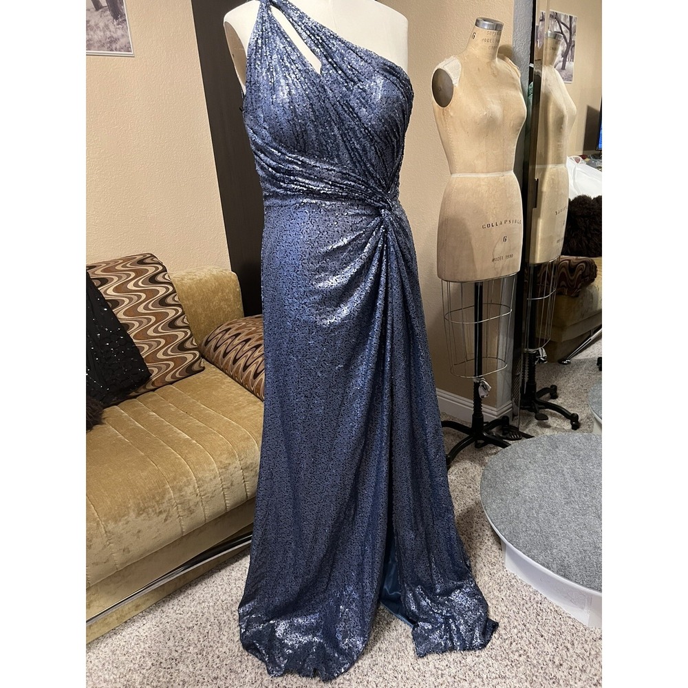 Rene Ruiz Women One-Shoulder Sequin  Long Gown Blue Slit Draped Waist Sz14 $1395